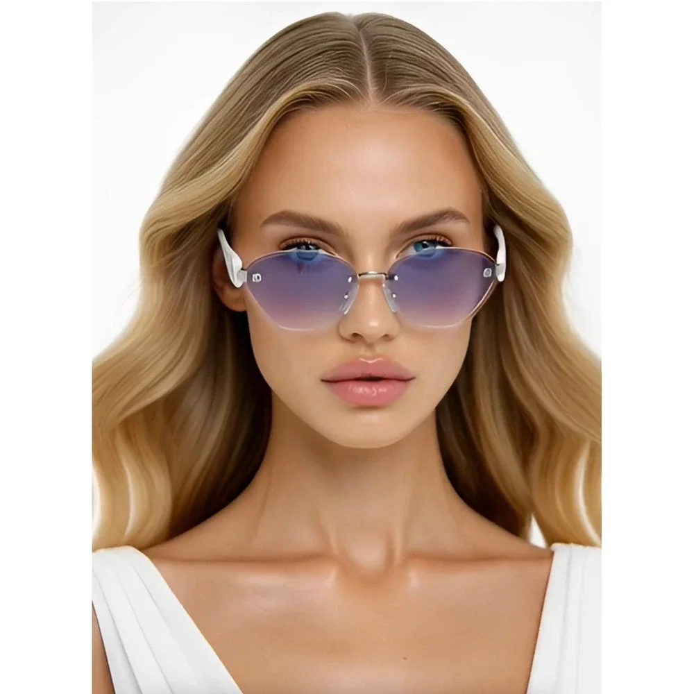 Rimless Cat Eye Sunglasses Blue Gradient Lens White Temples Trendy Vintage 2026‎